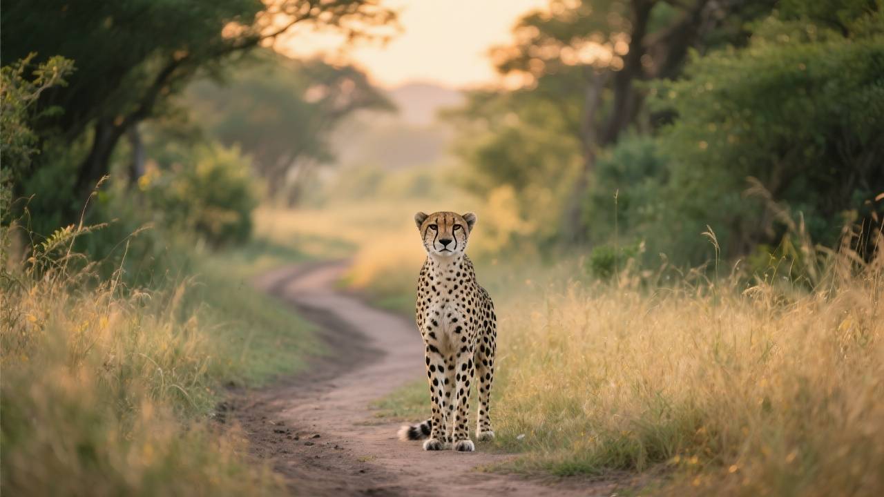 Cheetah standing on a dirt path in a sunlit savanna.