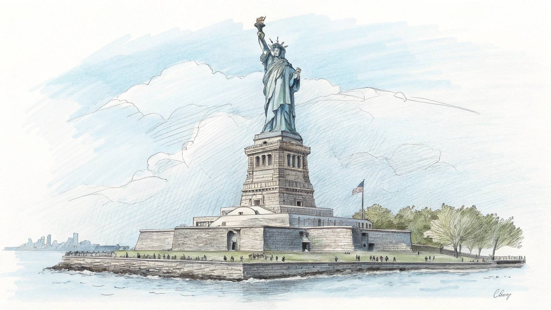 Illustration of the Statue of Liberty with a clear sky and visitors.