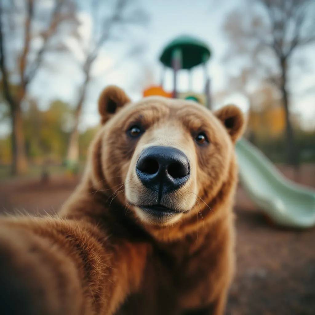 Bear taking a selfie in an outdoor park