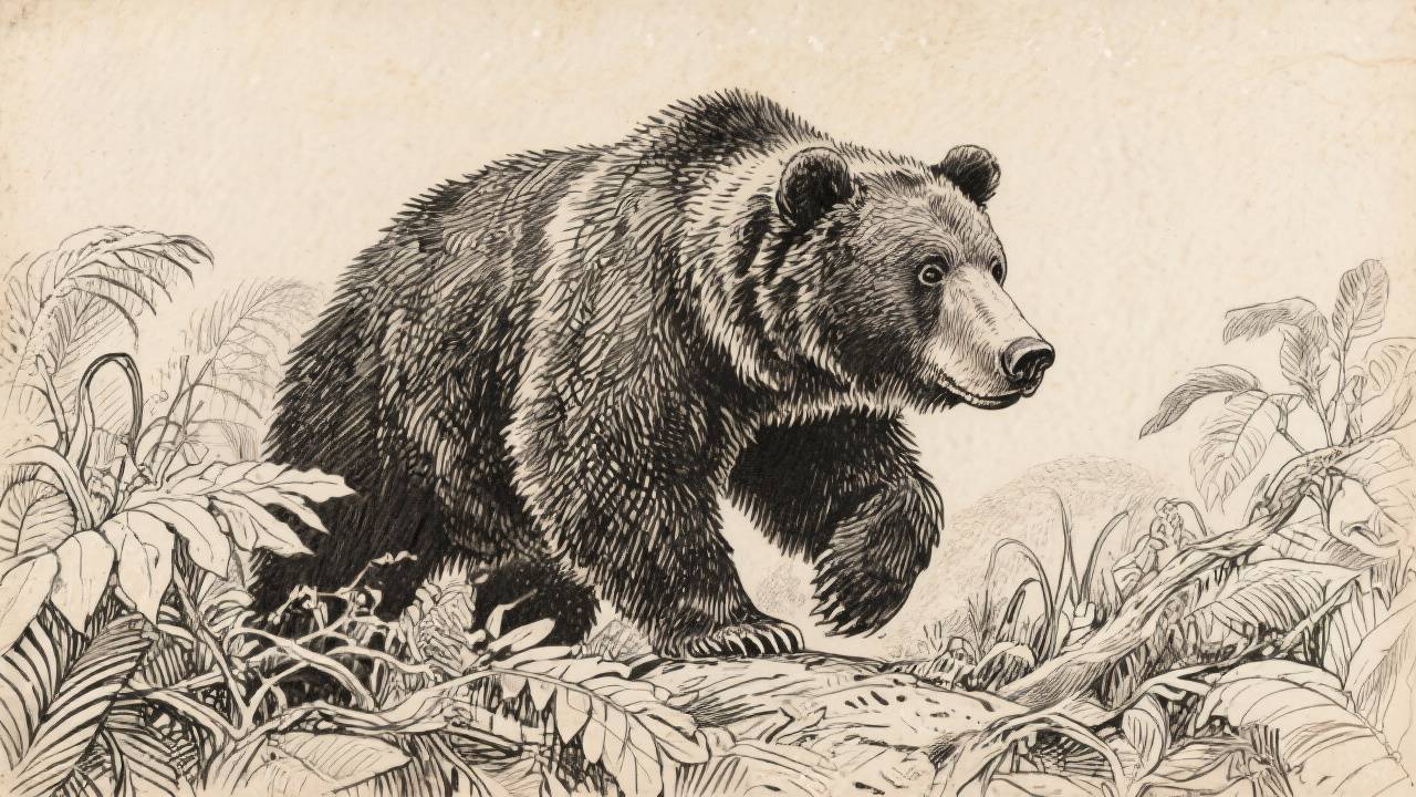 Detailed illustration of a bear walking through foliage.