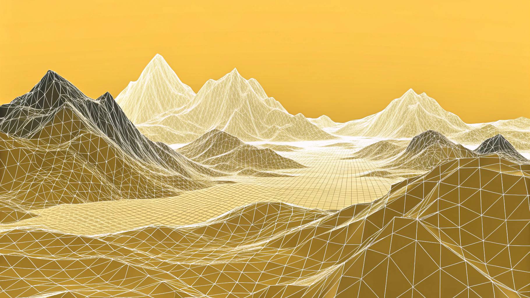 Digital wireframe mountain landscape with a yellow gradient sky.