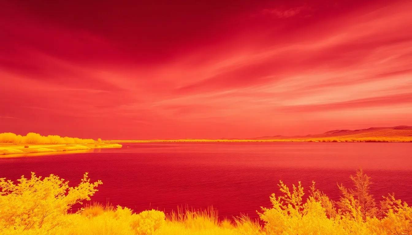 Infrared landscape with red sky over water