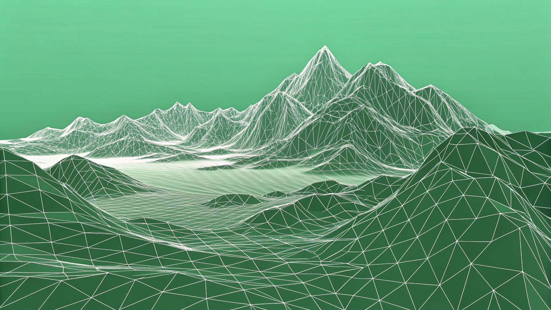 Wireframe digital mountain landscape with green background.