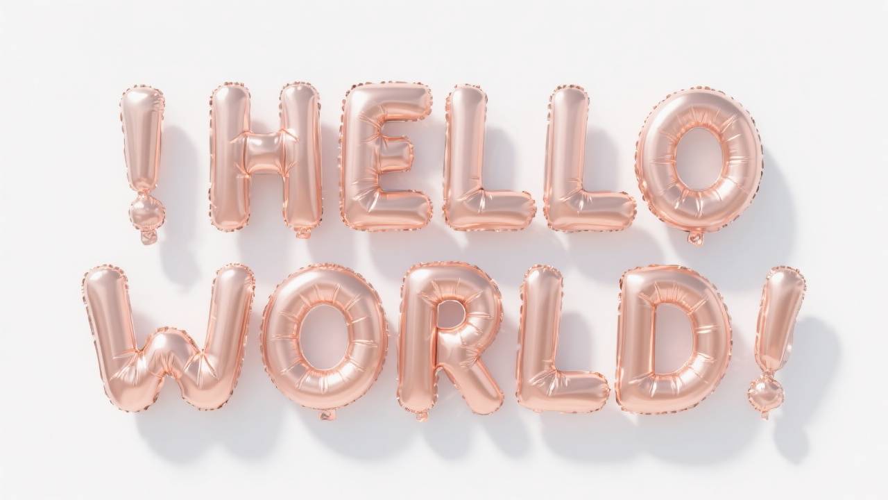 Gold balloon letters spelling 'HELLO WORLD!'