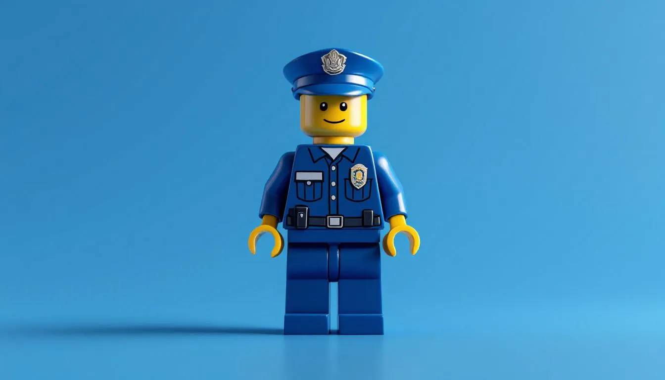 LEGO police officer figure with a blue background.