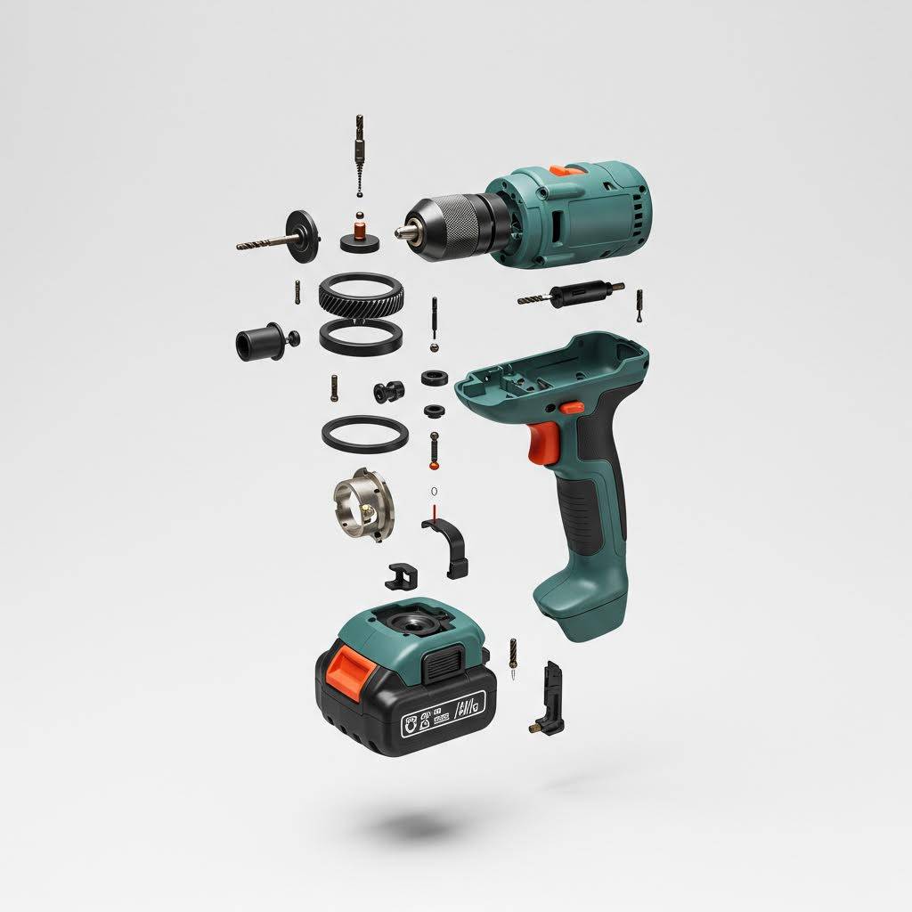Exploded view of a cordless drill with components laid out.