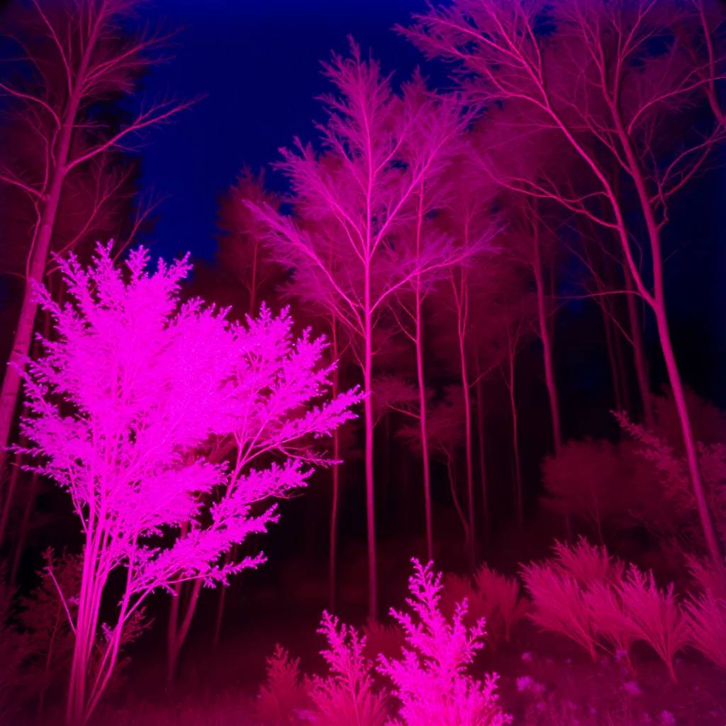 Neon pink trees against a dark blue sky