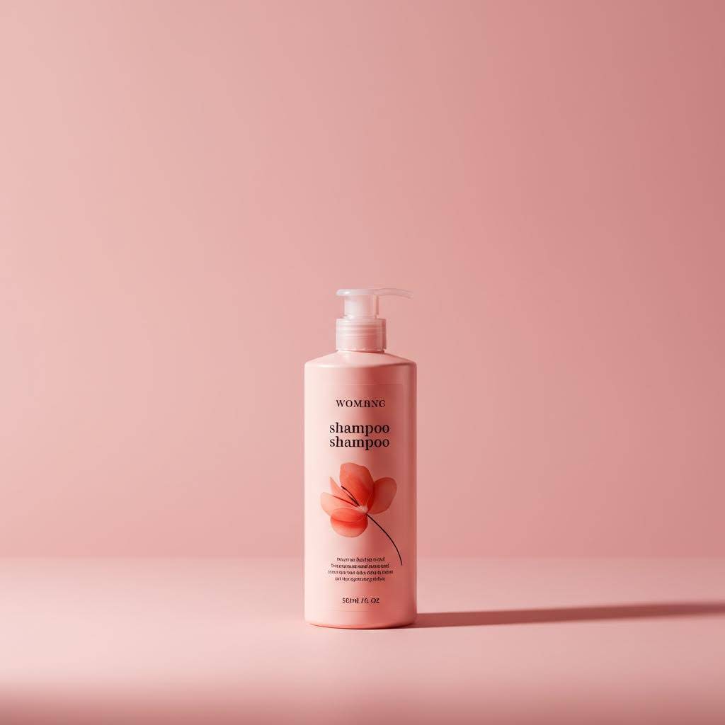 Pink shampoo bottle with floral design on a pink background