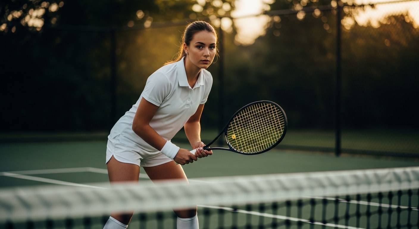 Young woman focused on tennis with a racket in hand on a court.