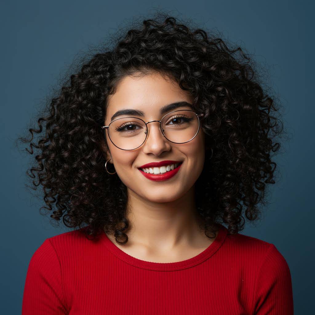 Smiling young woman with curly hair and glasses in a red top against a blue background.