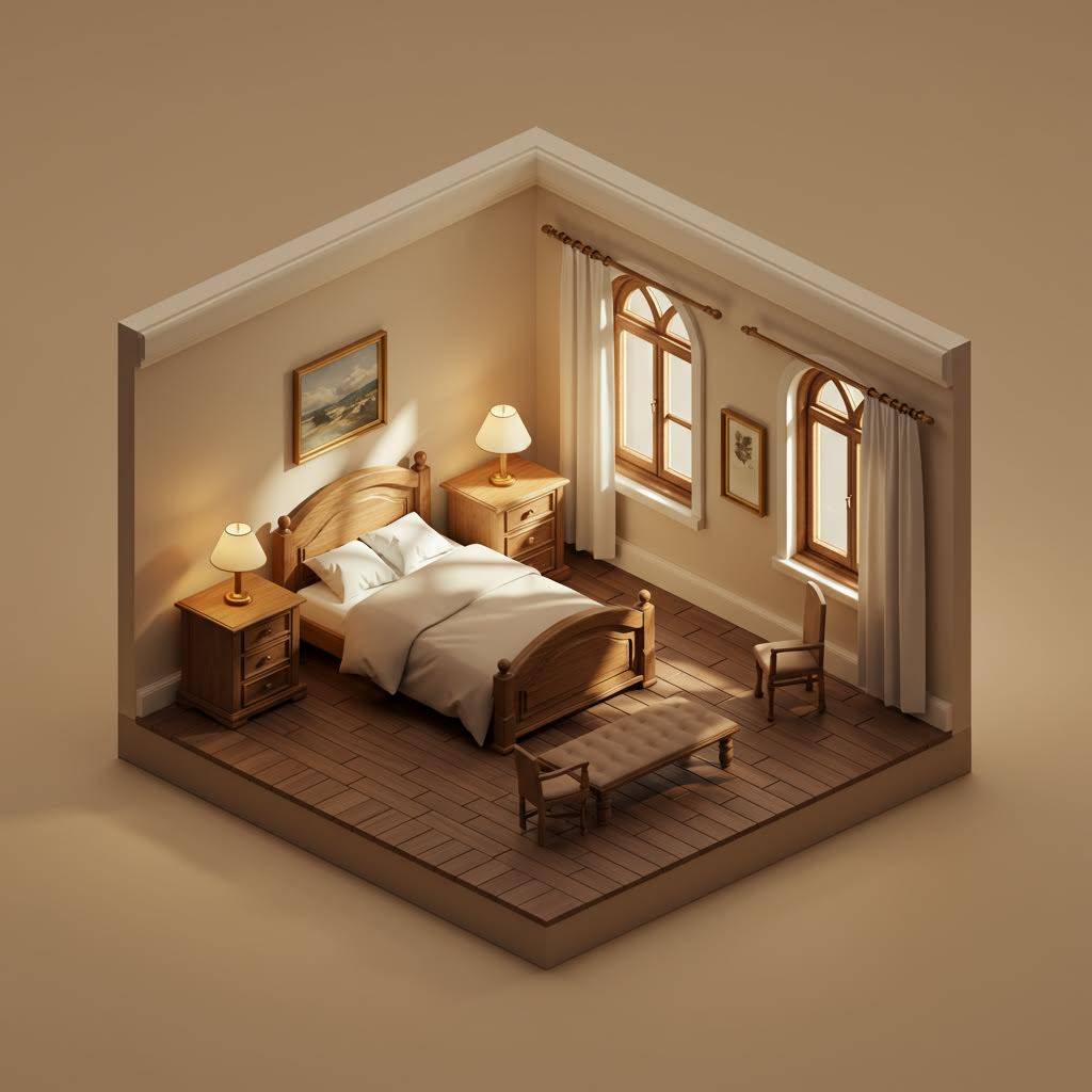 Cozy rendered bedroom interior with wooden furniture and warm lighting.