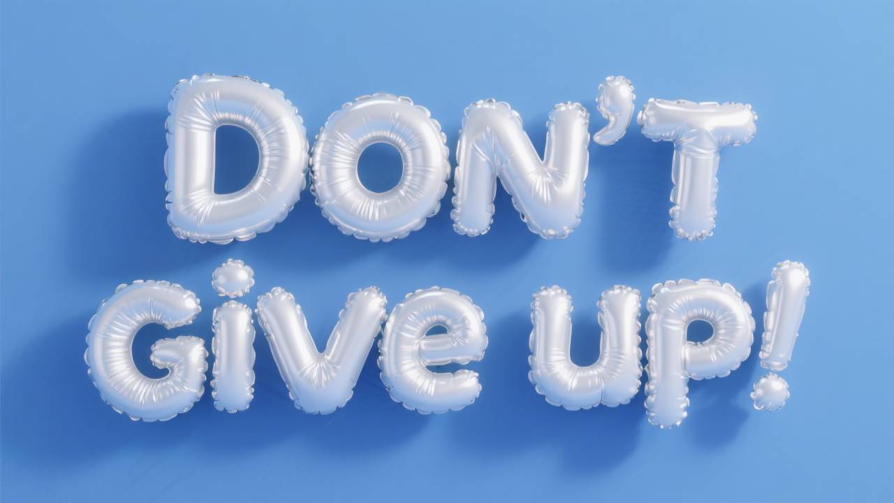 Silver balloon letters on blue background: 'Don't Give Up!'