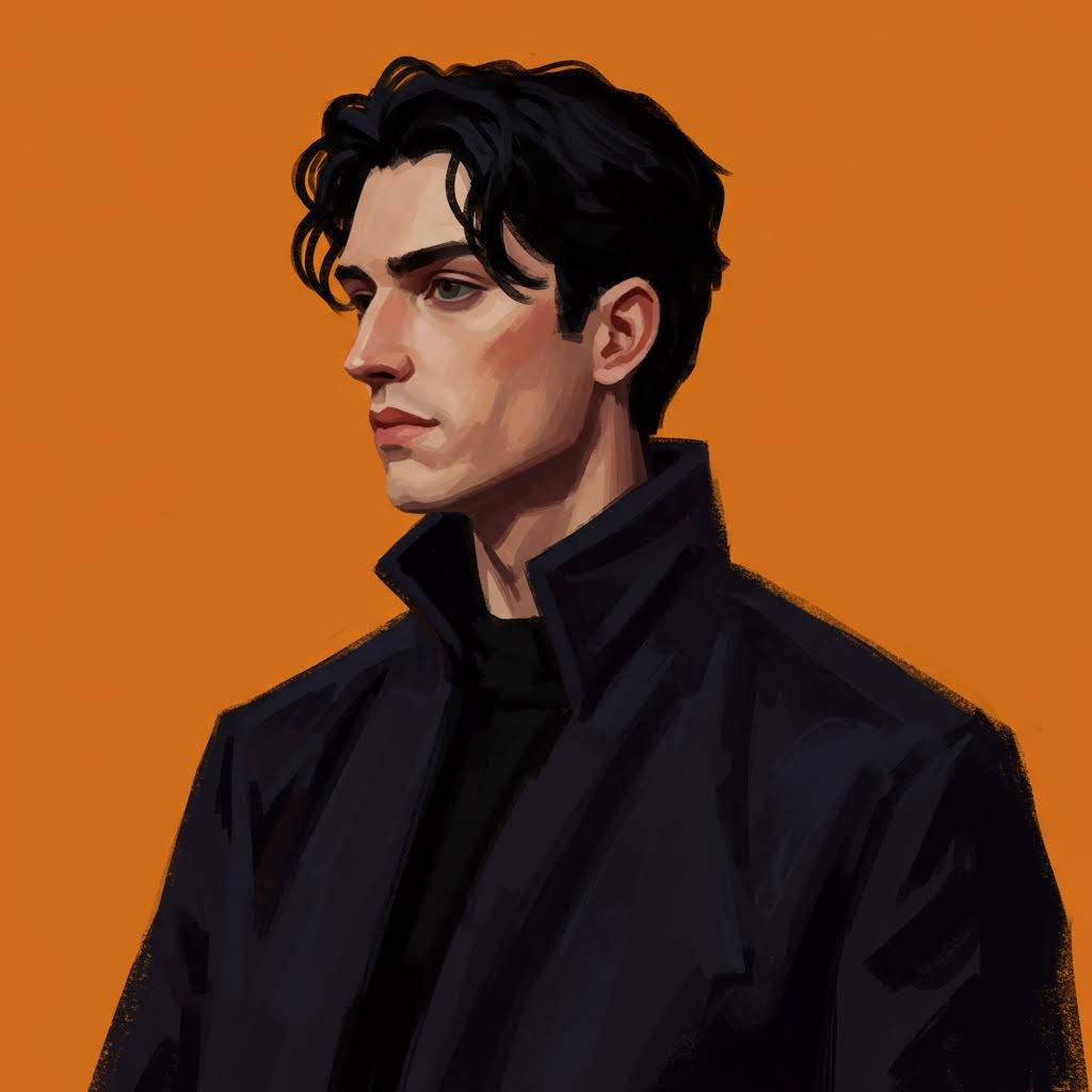 Portrait of a young man with dark hair against an orange background.