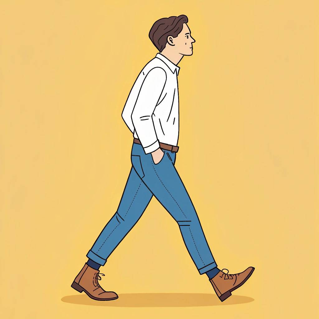 A man walking in casual attire on a yellow background.