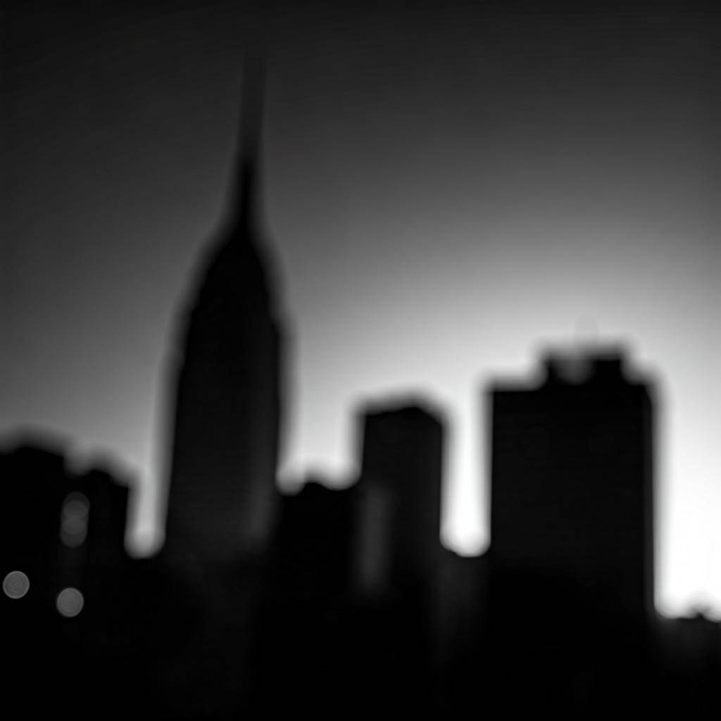 Blurred cityscape with silhouette buildings at dusk.