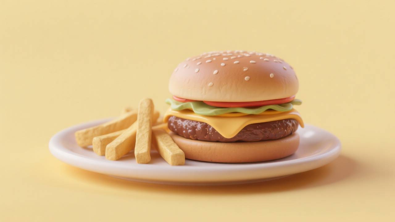 3D render of burger and fries on plate