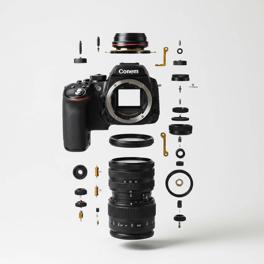 Exploded view of a camera with its components arranged separately.