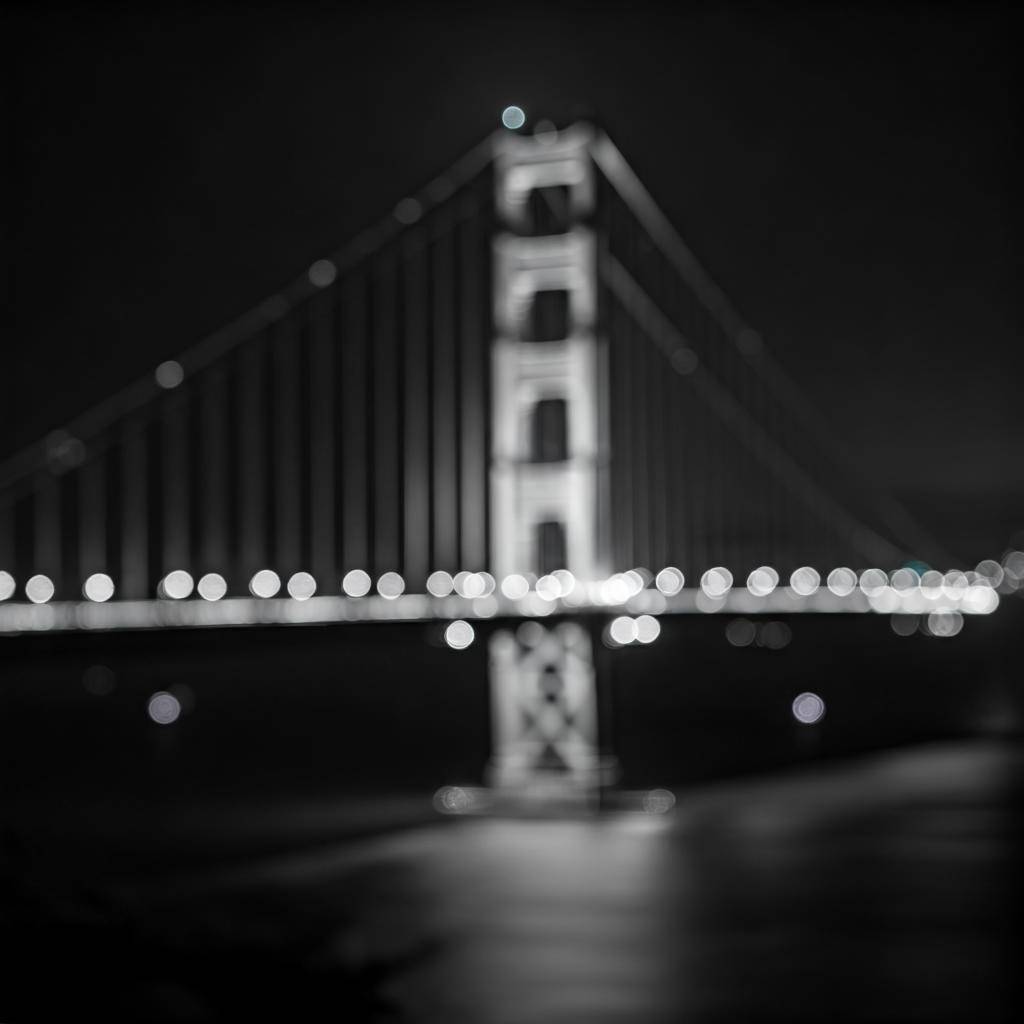Blurred view of a suspension bridge at night