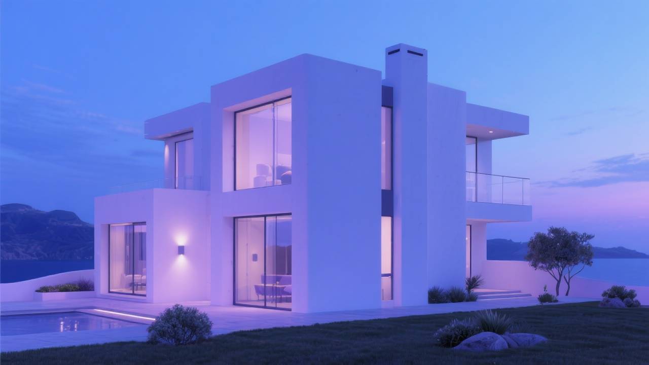 Modern white house with large glass windows at dusk.