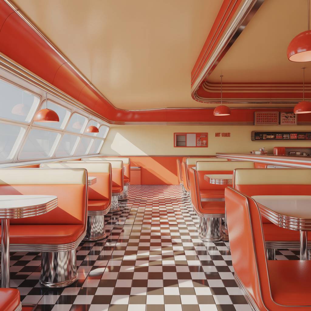 Retro 3D-rendered diner interior with red booths.