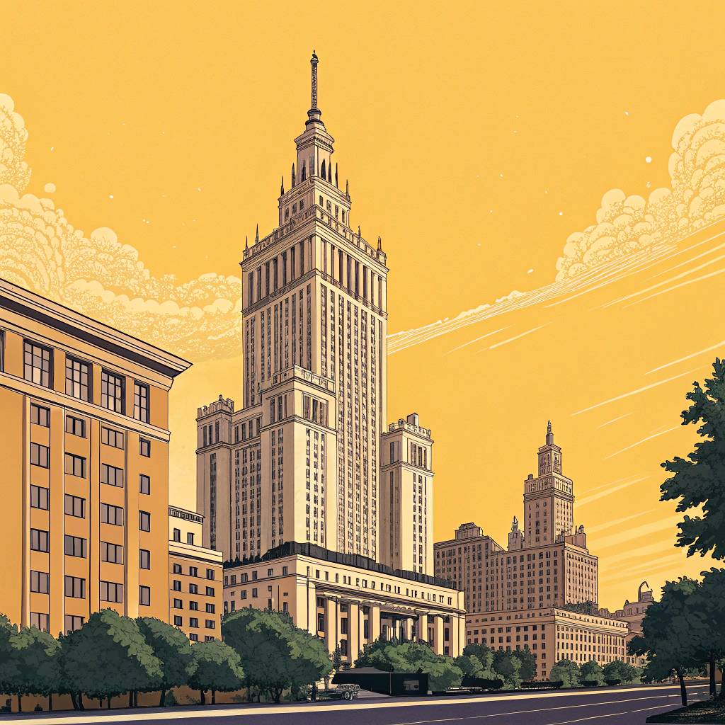 A stylized illustration of tall buildings against a yellow sky.
