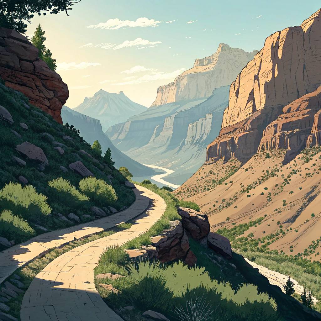 Scenic winding path through a mountainous landscape with river and sky.