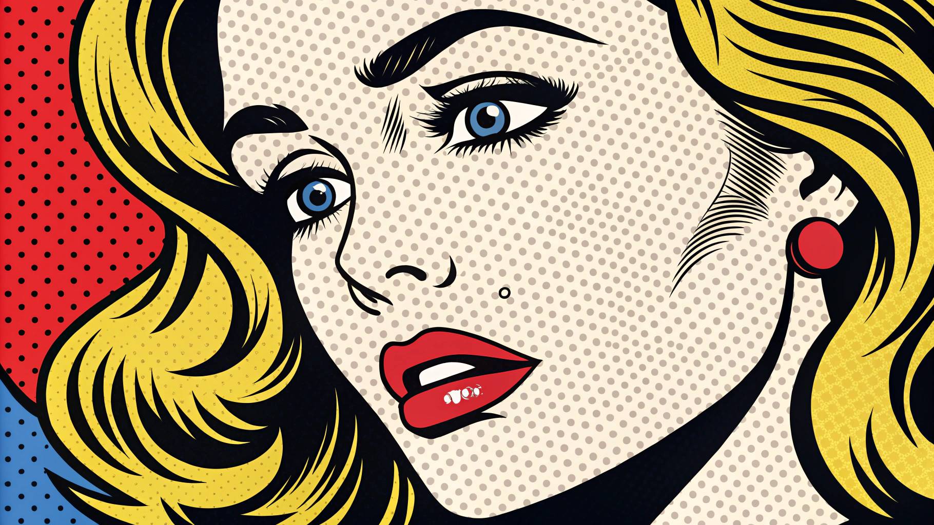 Colorful pop art illustration of a woman's face with bold features.