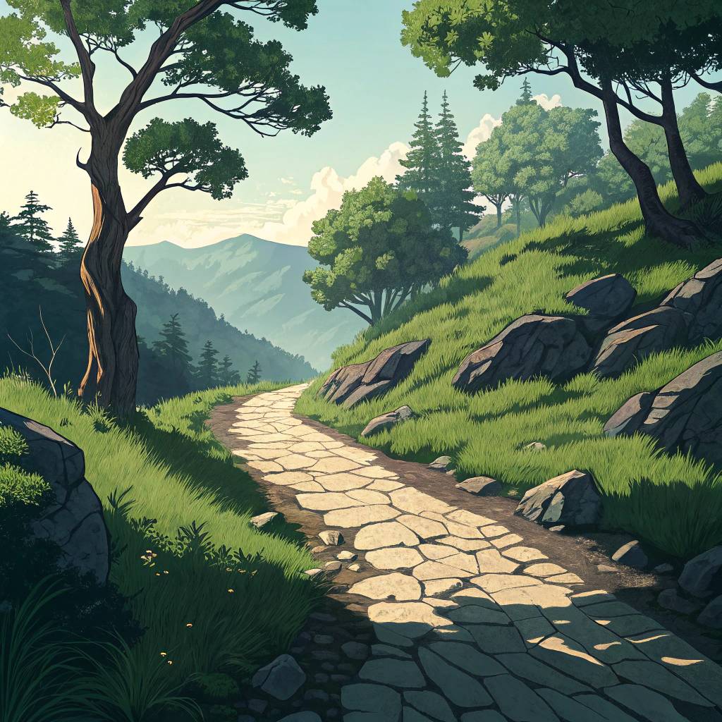 Scenic path winding through a lush green landscape with trees and mountains.