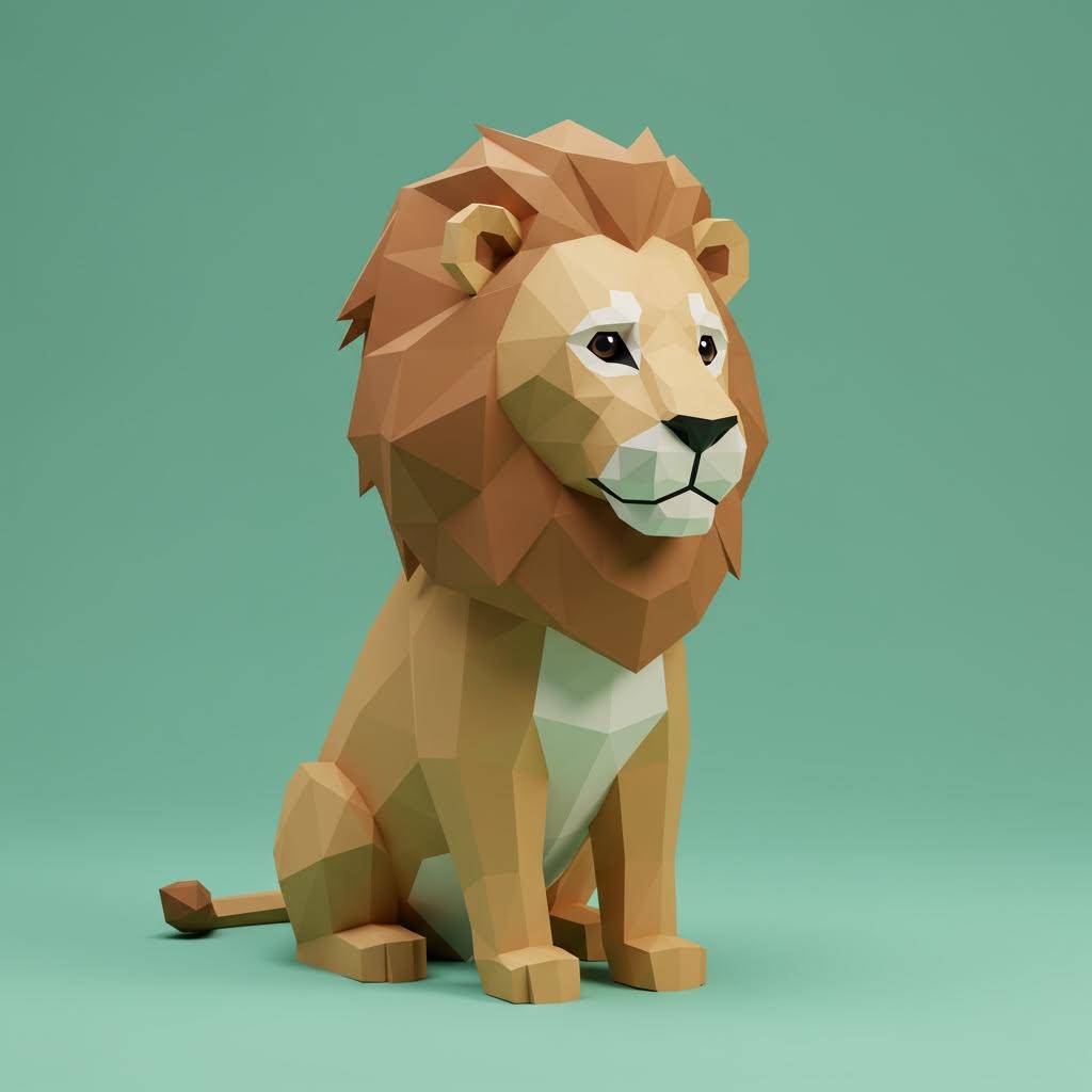 Low poly lion model with a light green background.