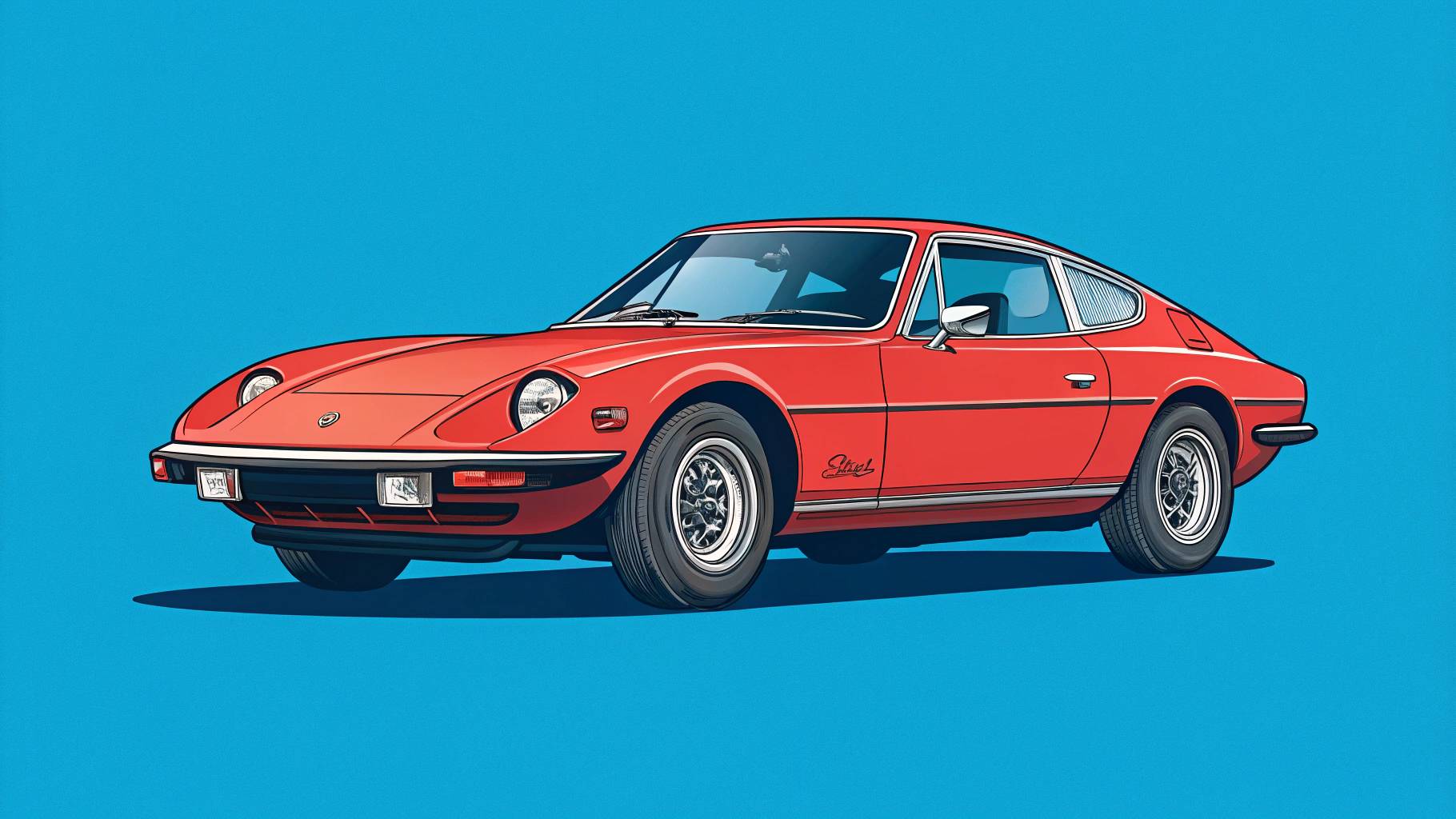 Red classic car illustration on blue background.