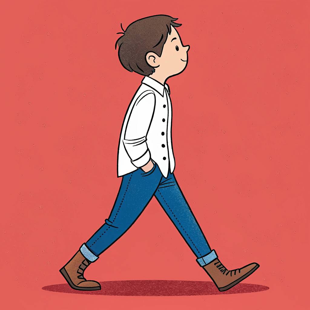 A young boy walking confidently against a red background.