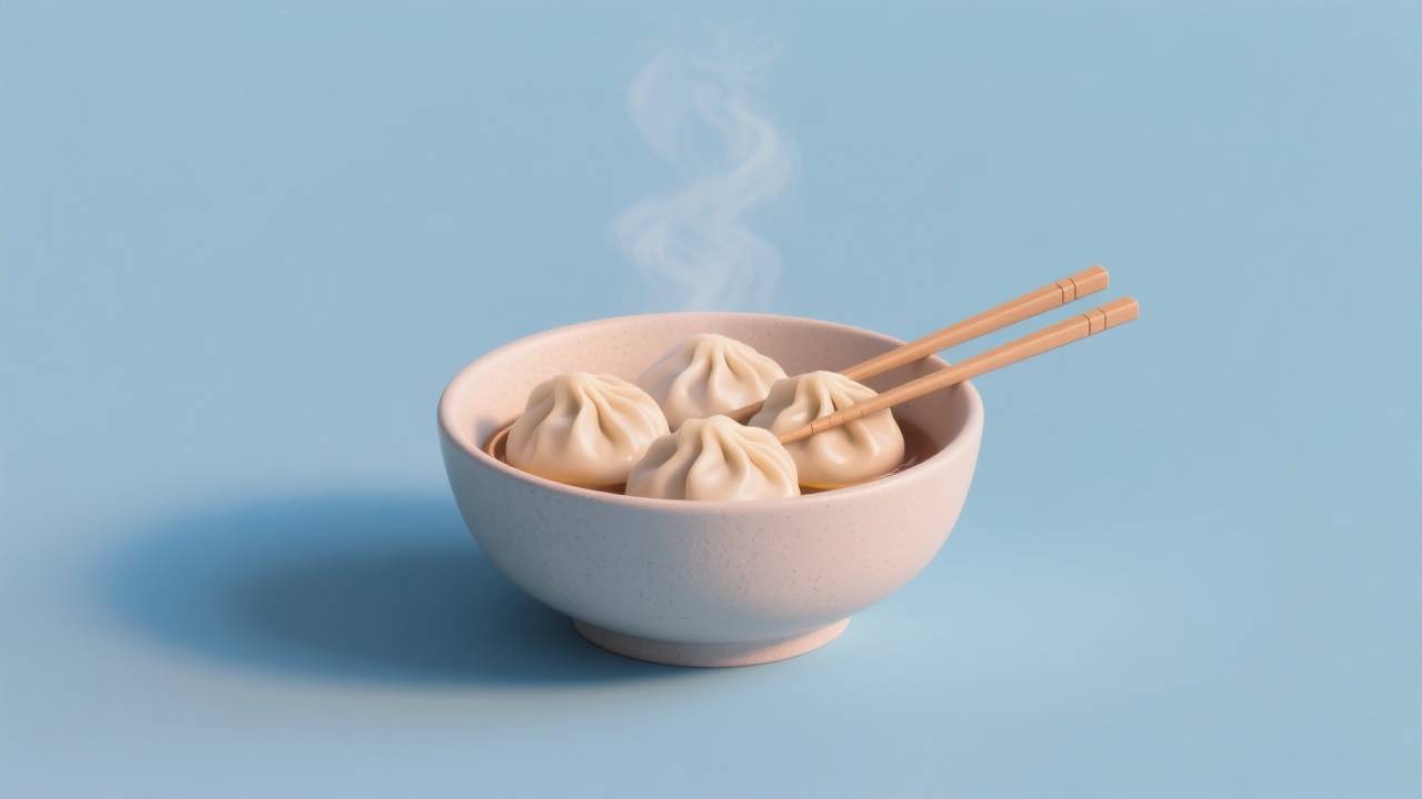 3D rendering of dumplings in a bowl with chopsticks.