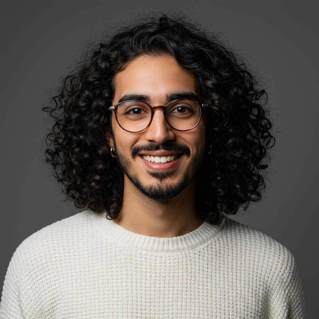 Smiling young man with curly hair wearing glasses and a light sweater.