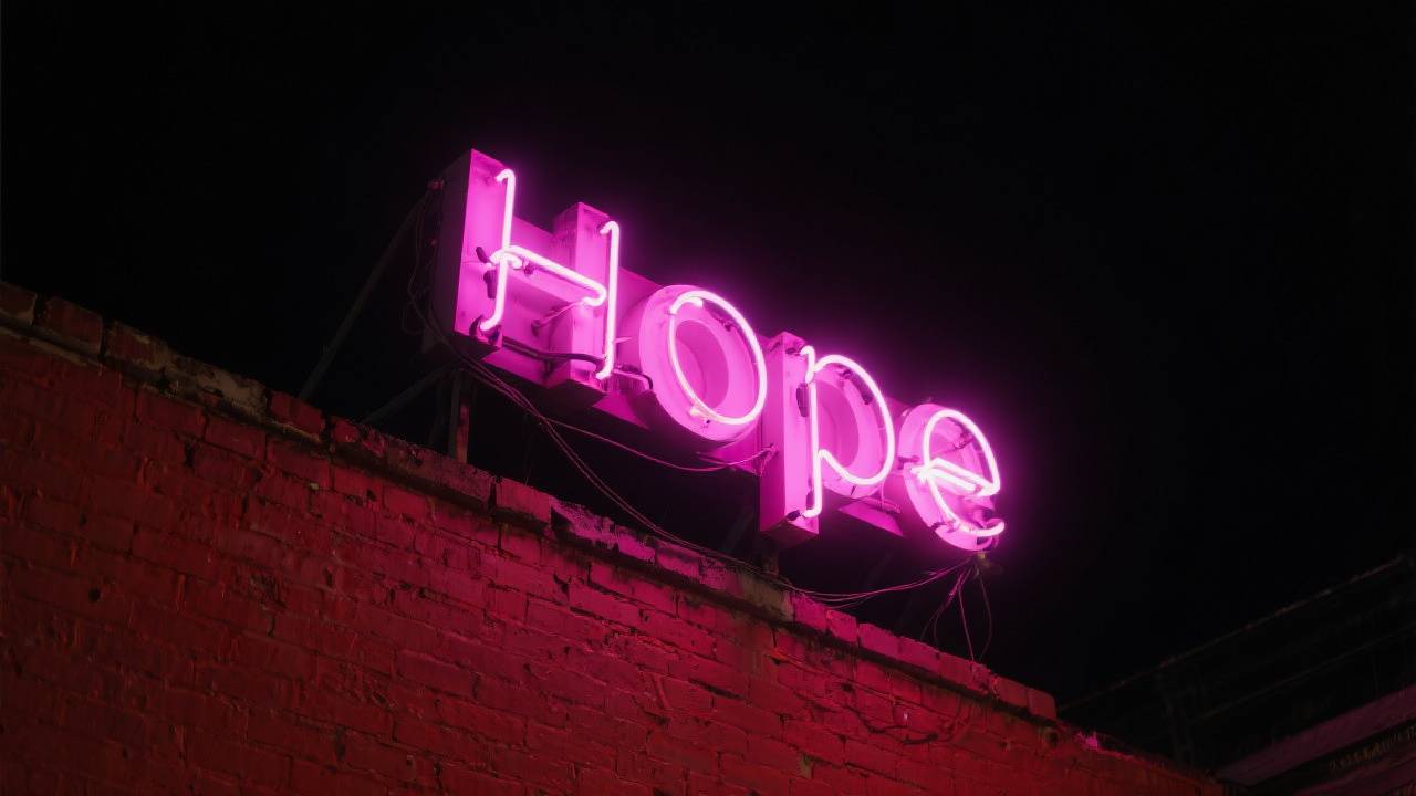 Neon sign reading 'Hope' illuminated at night against a brick wall.