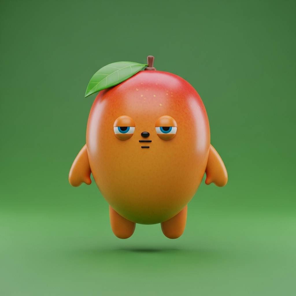 3D render of anthropomorphic mango character with a leaf on head