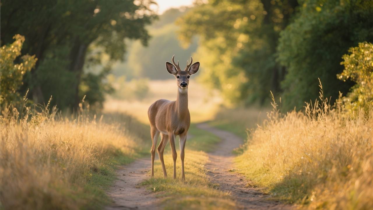 Deer standing on a sunlit forest path