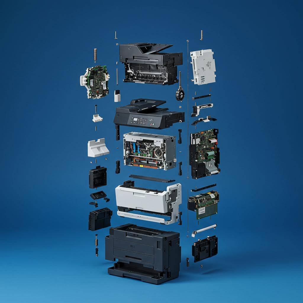 Exploded view of printer components against a blue background.