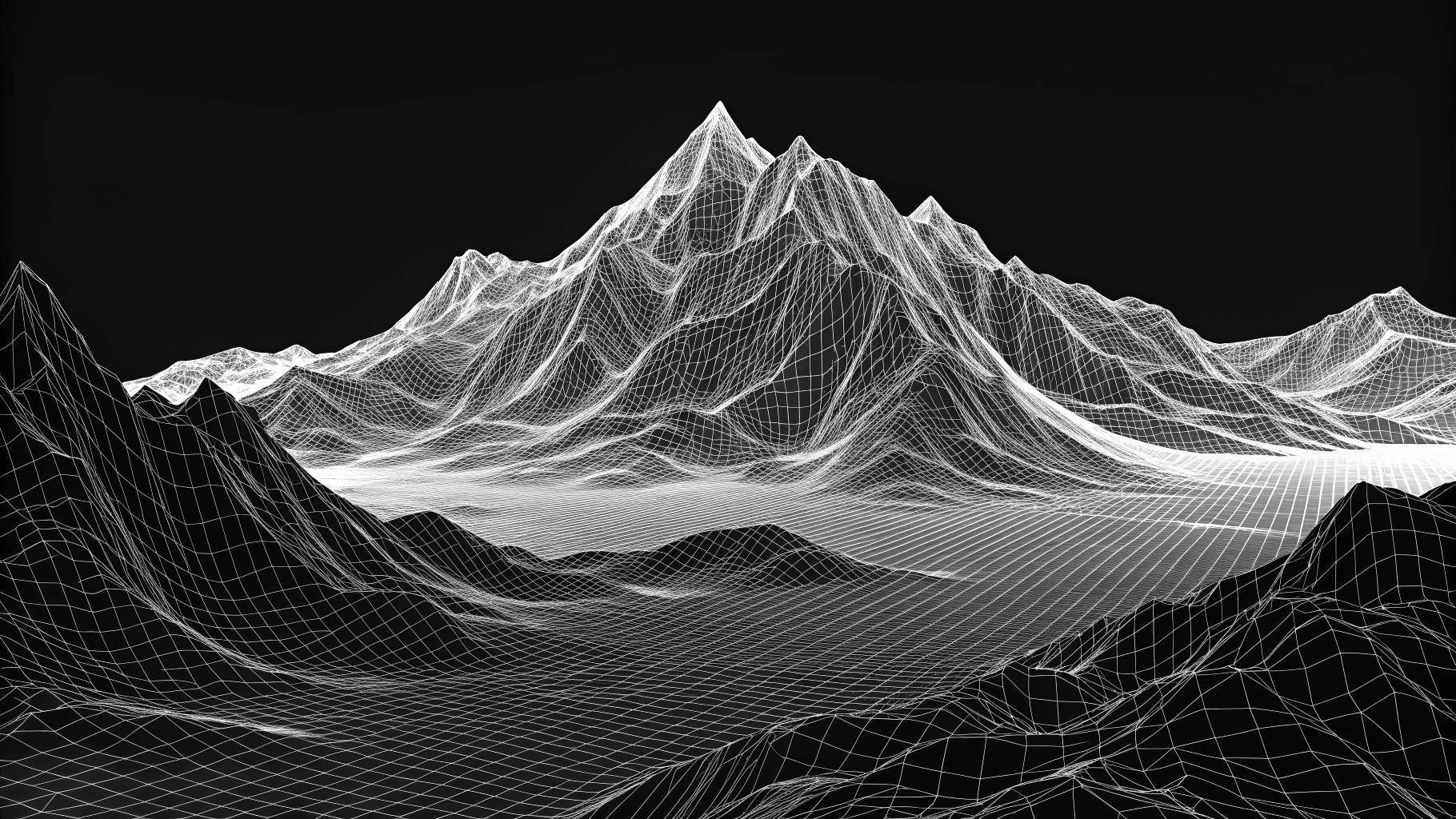 Wireframe digital mountain landscape on black background.