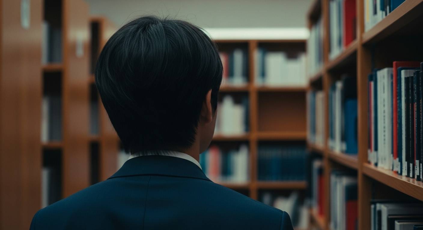 Person in a suit looking at bookshelves in a library.