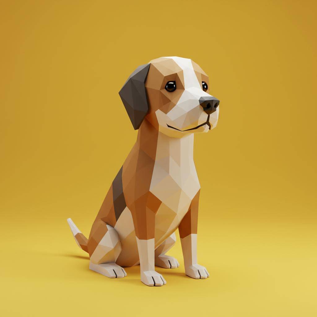 Low poly dog model on a yellow background.