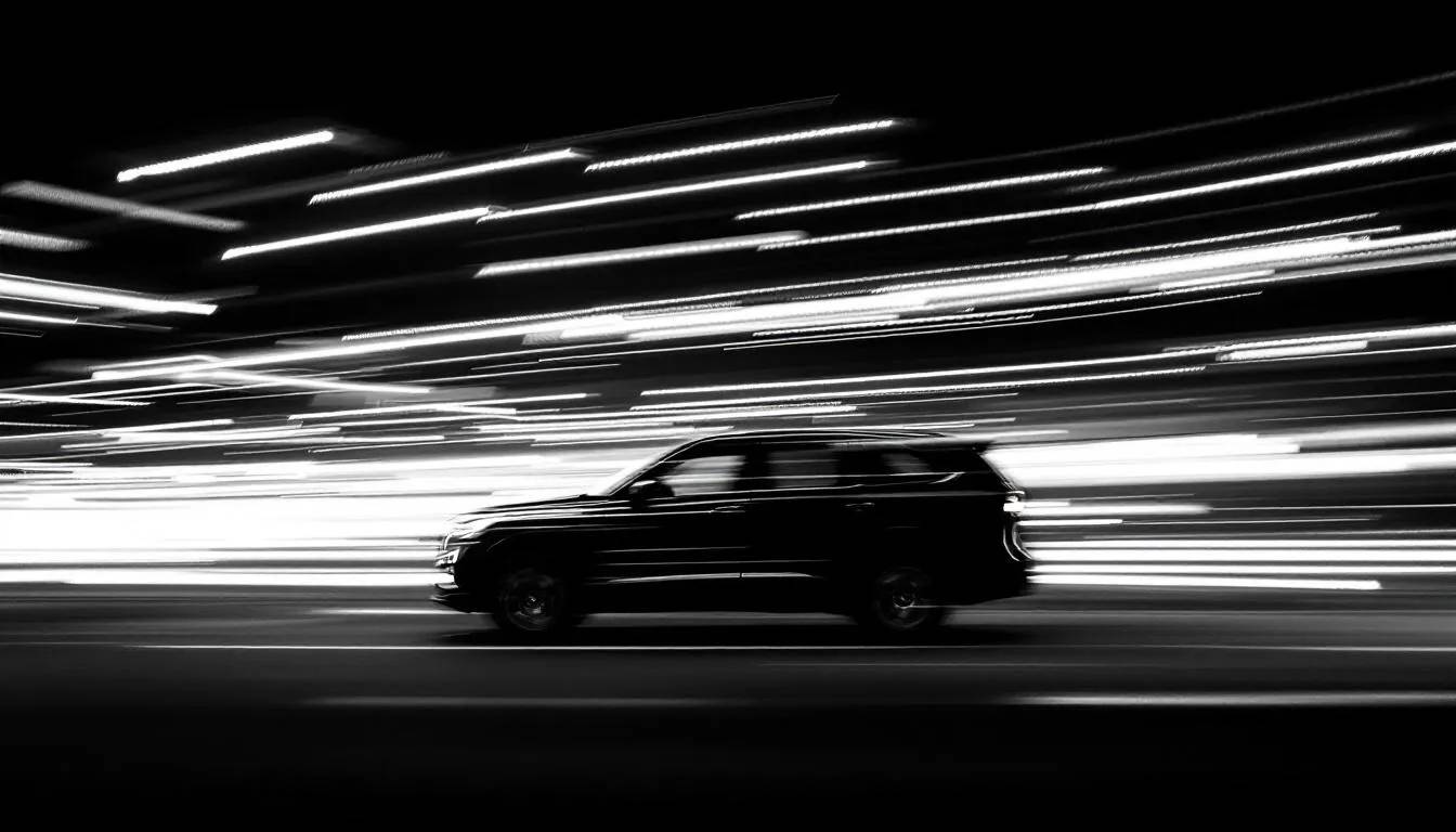 A black car in motion captured against a blur of lights.