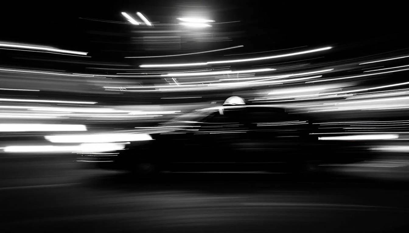 Motion blur of a car amidst swirling lights at night.