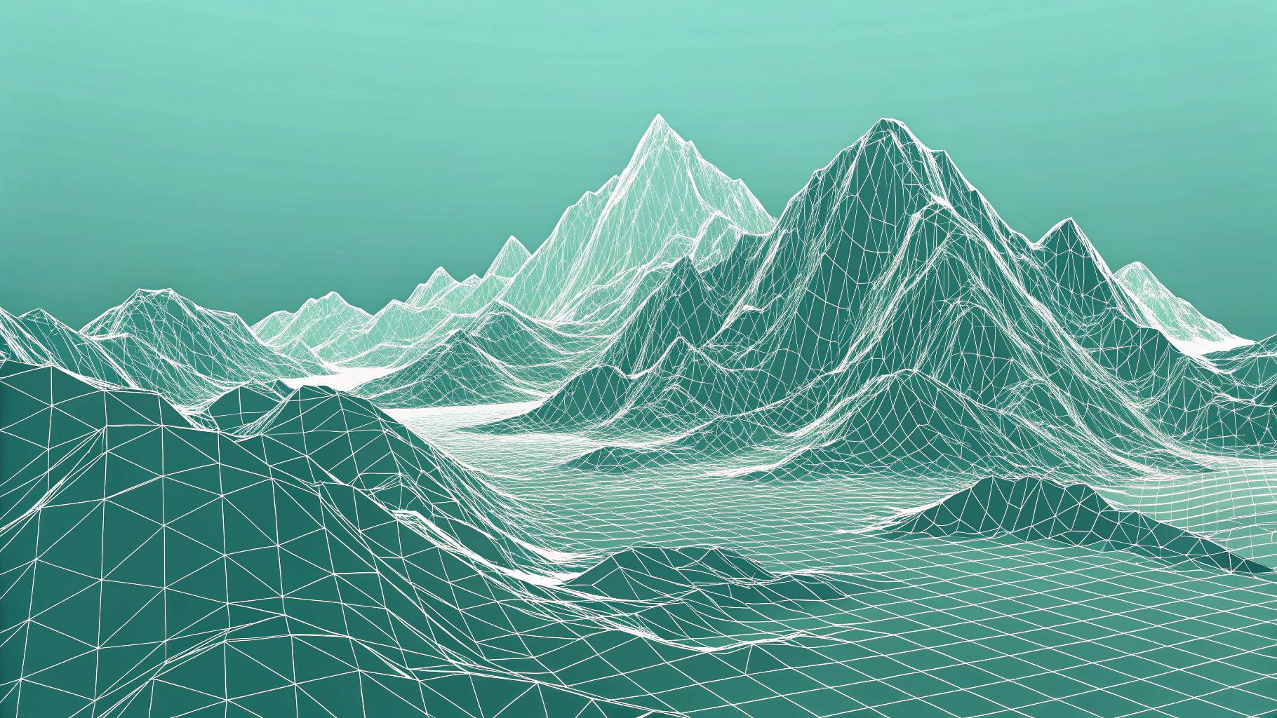 Wireframe digital mountain landscape with peaks and valleys.