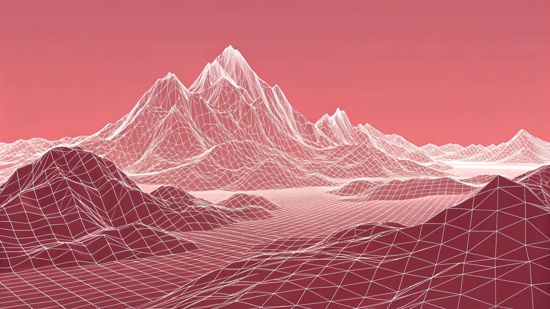 Digital illustration of mountain ranges with a pink background and wireframe overlay.