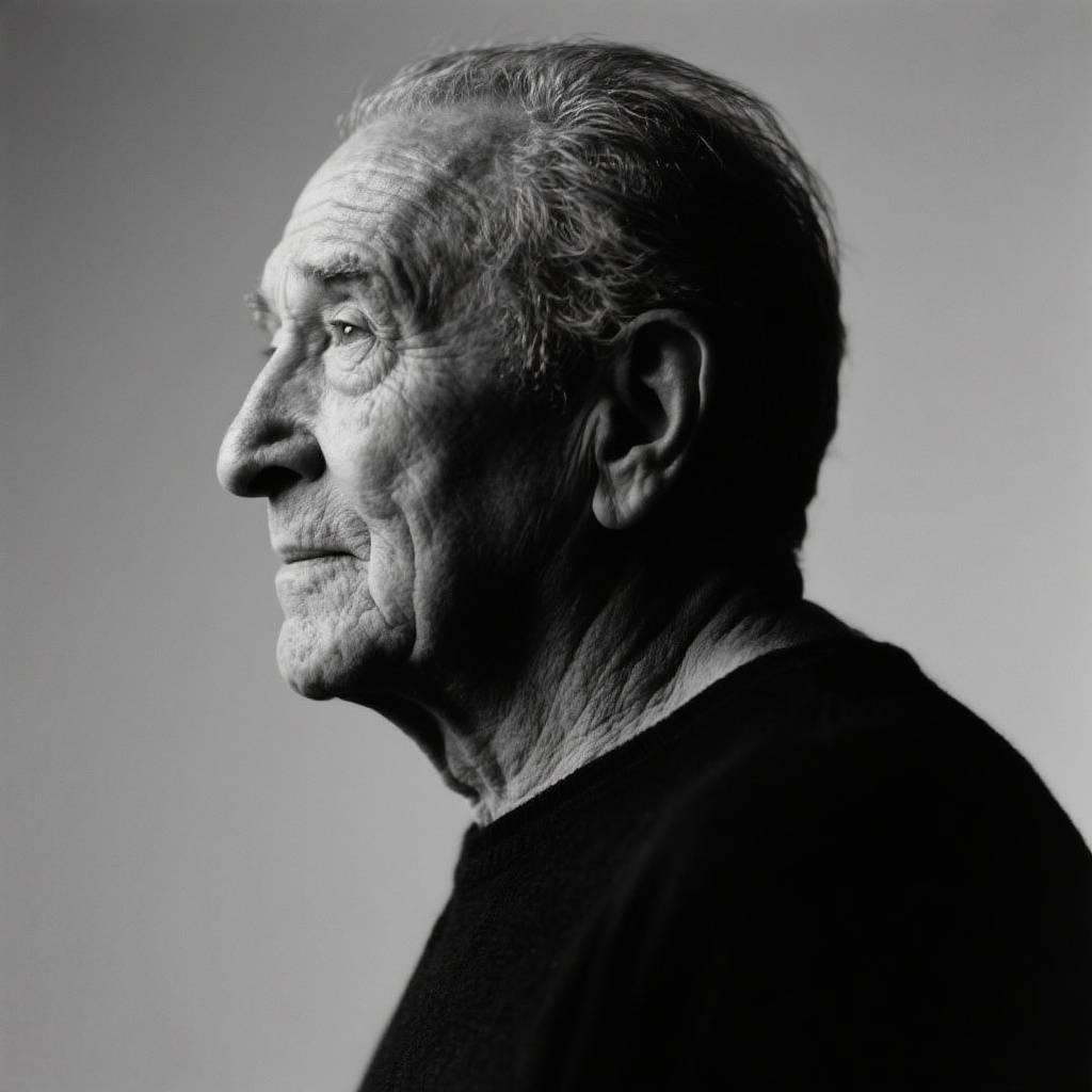 Profile portrait of an older man in black and white lighting.