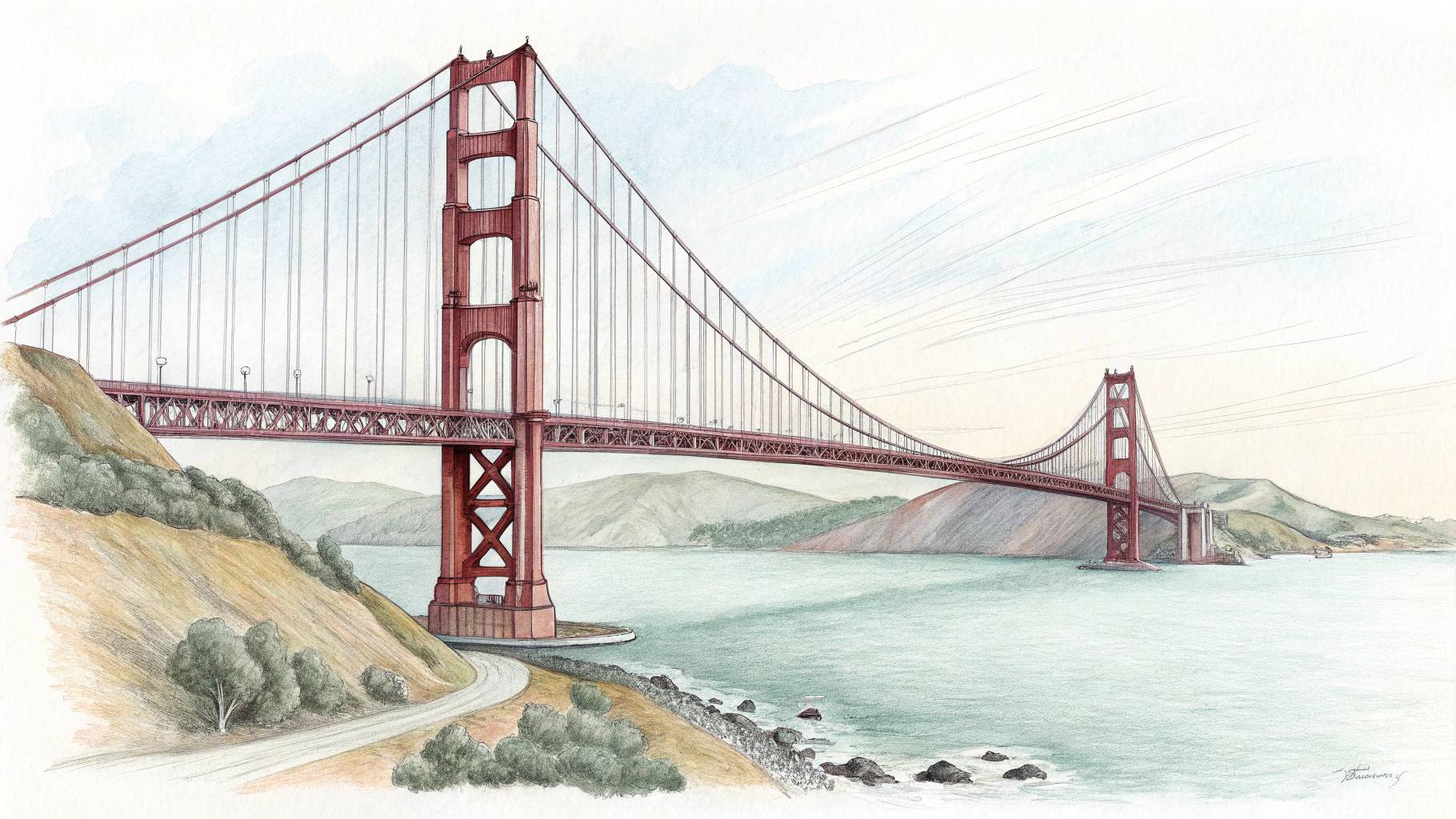 Illustration of the Golden Gate Bridge over water with hills in the background.