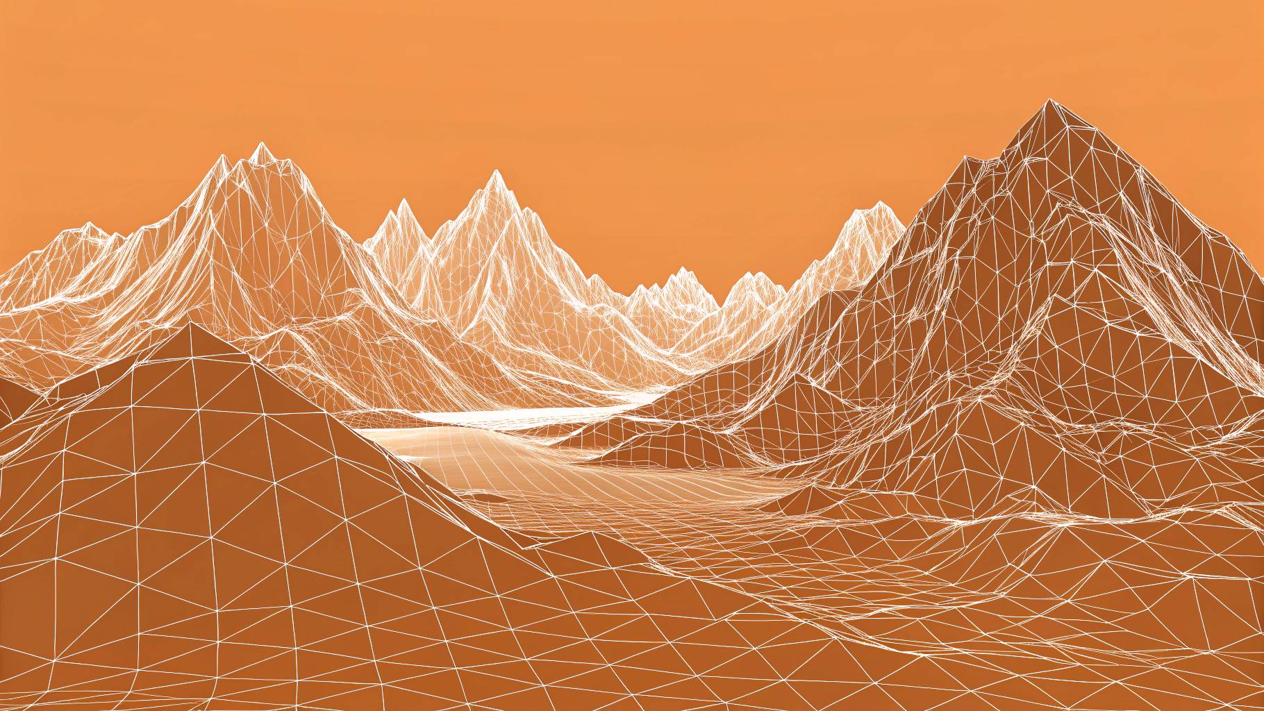 Wireframe mountain landscape with a reddish-orange background.