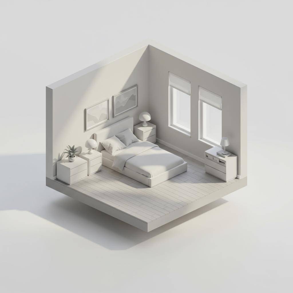 A minimalistic 3D bedroom scene in white tones.