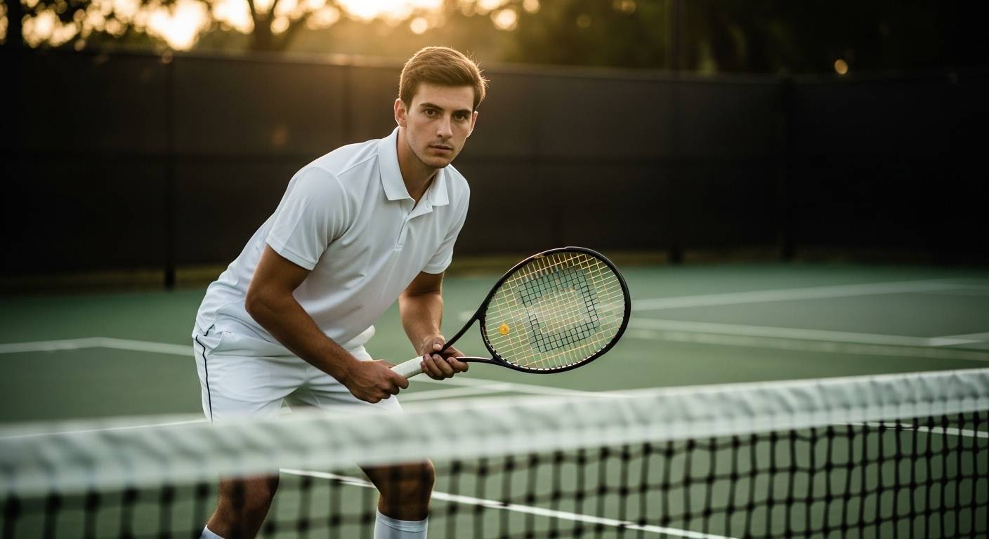 A young man preparing to serve on a tennis court during sunset.