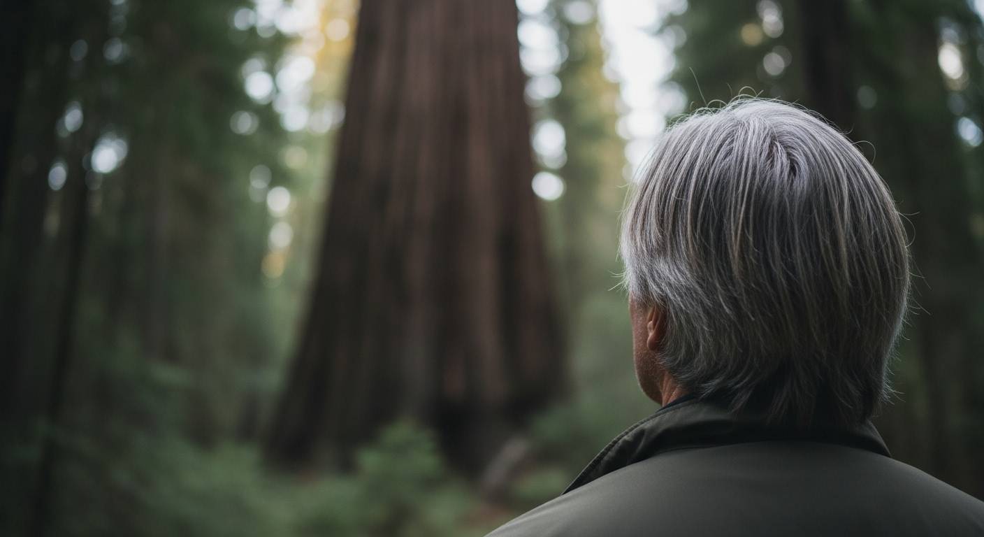Person gazing at a towering tree in a forest setting.